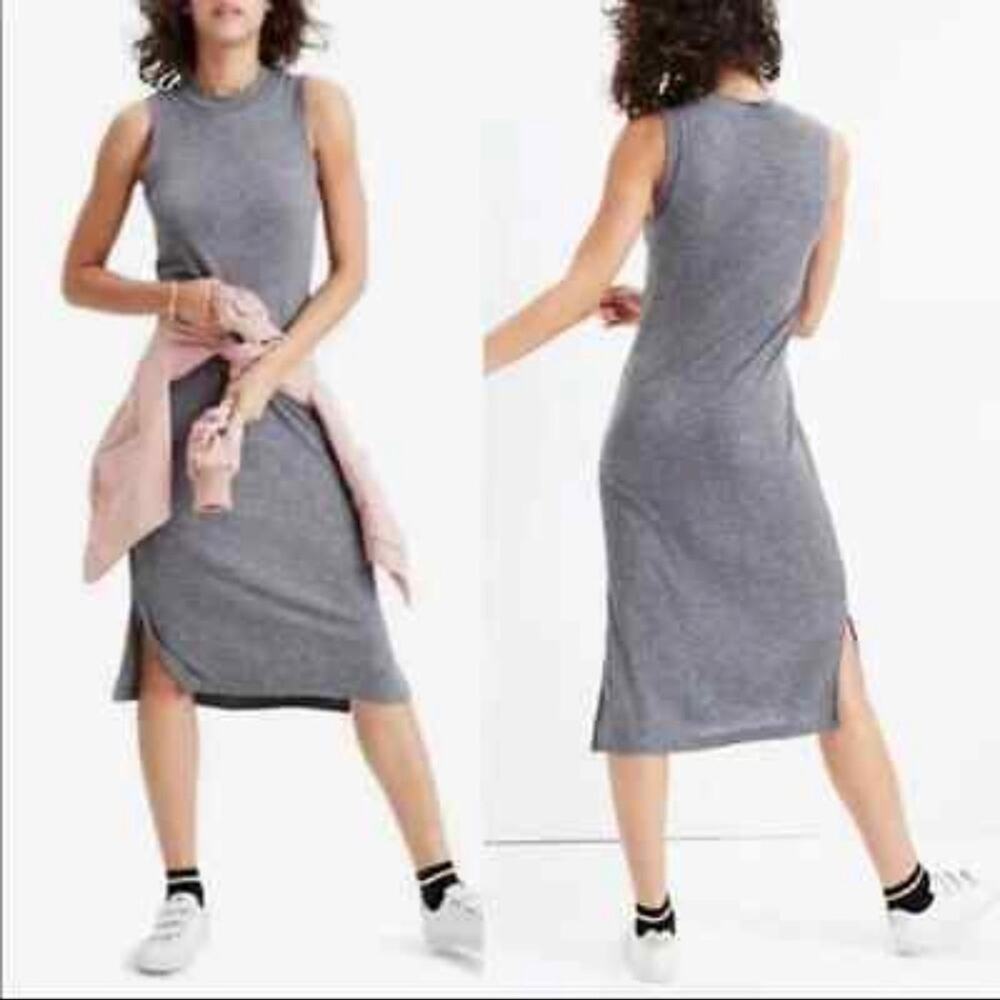 MADEWELL Gray Ribbed Sleeveless Midi Dress with Side Slits Women’s